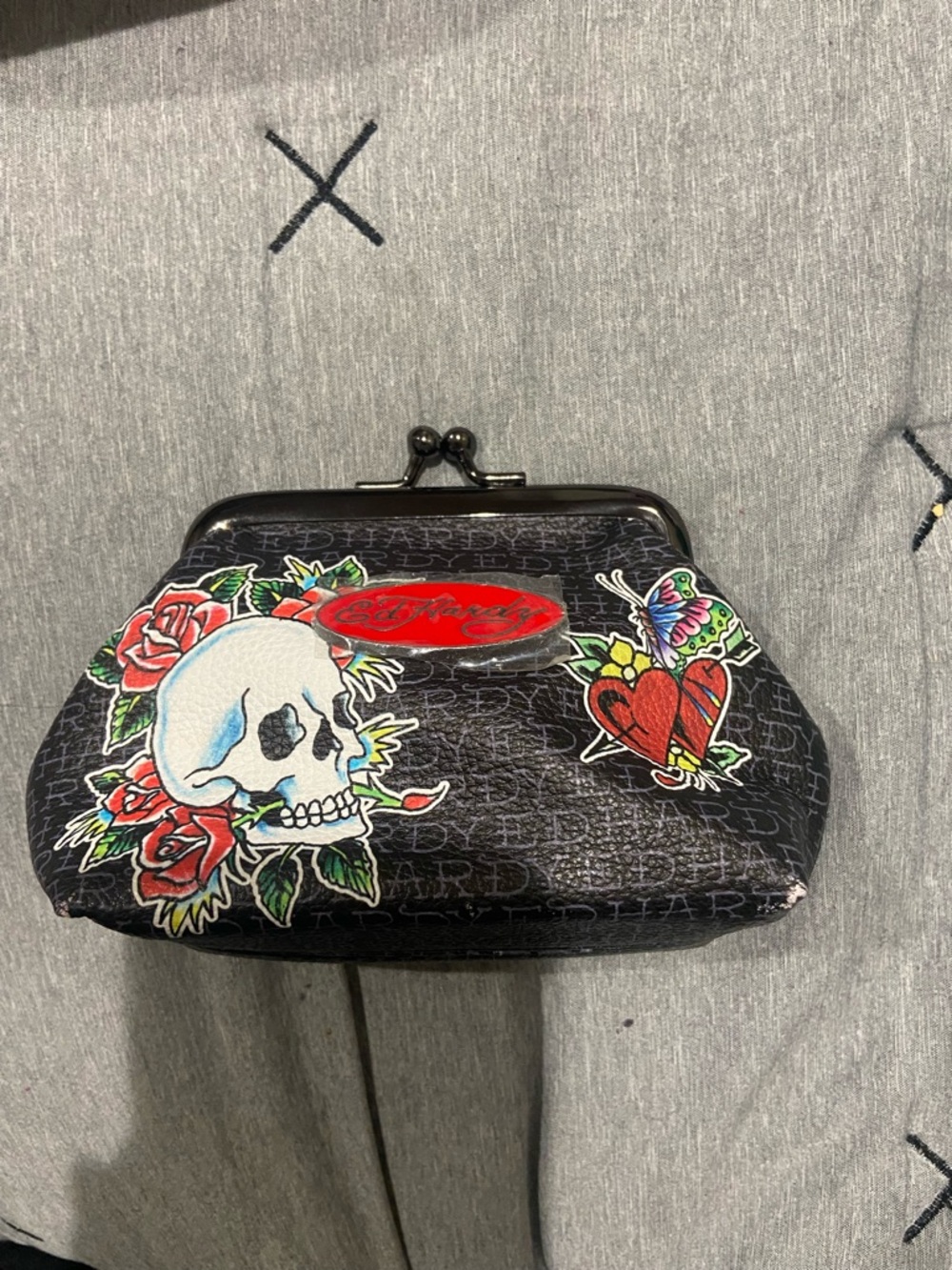 Ed Hardy Black Tattoo-Print Kiss-Lock Clutch with Skull & Hearts